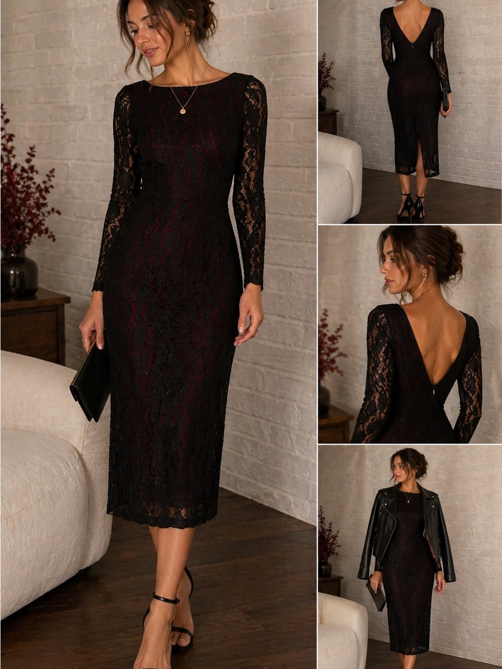 Sisley Black Lace Midi Dress Burgundy Lined Italy Long Sleeve Back Slit V Back S